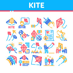Kite Flying Air Toy Collection Icons Set Vector. Kite Wind Tool In Different Form, Instruction Information List For Construction Concept Linear Pictograms. Color Illustrations