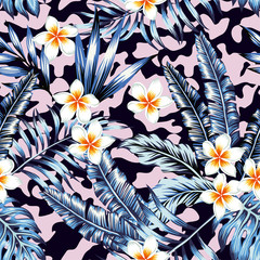 Plumeria flowers and trendy blue floral plant jungle tropical palm tree and banana leaf on black pink camo background. Print wallpaper paradise summer hand drawn vector seamless pattern.