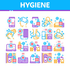 Hygiene And Healthcare Collection Icons Set Vector. Cleaning Mobile Phone And Handle Sanitized Antiseptic, Wash Hand, Head And Body Hygiene Concept Linear Pictograms. Color Illustrations