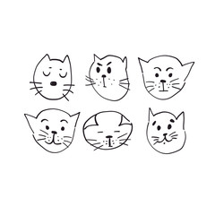 Cute hand drawn set with cats in various mood muzzles. Sketch or doodle style flat vector illustration on isolated background.