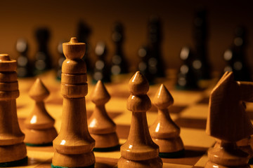 Wooden chess on the chessboard.