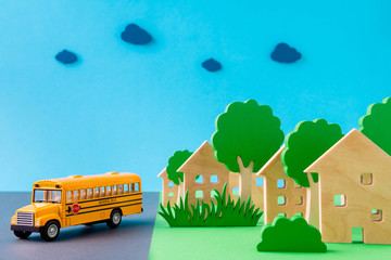 Art design picture of nice retro vintage yellow schoolbus waiting expecting kids people carrying...