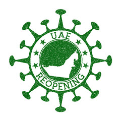 UAE Reopening Stamp. Green round badge of country with map of UAE. Country opening after lockdown. Vector illustration.