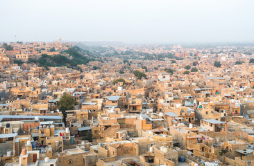 JAISLMER, INDIA - February 23 2020: Cityscape aerial view  of Jaisalmer Golden city and desert state, Rajasthan, Western India