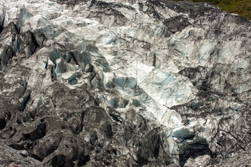 Glaciers on the South Island of New Zealand are mixed with rock fragments that give them a greyish color.