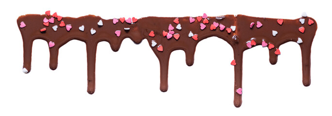 chocolate melted icing with heart pastry sprinkles on white background for banner, art texture,...