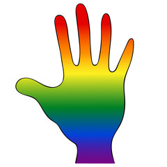 Obraz premium Palm with LGBT rainbow flag symbols. Vector illustration. Hand on an isolated white background contains six colors. The personification of pride and openness. International symbol. 