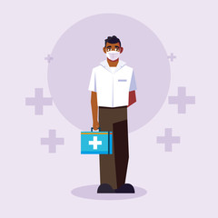 Man doctor with uniform and mask in front of crosses vector design