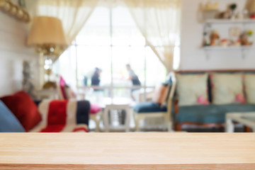 Empty wooden table space platform and blurred resturant or coffee shop background for product display montage