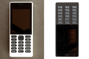 Old cell phones on black and white background.