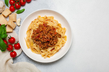 Italian pasta tagliatelle with traditional homemade meat sauce (4 hours of cooking) -  bolognese...