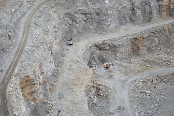 Stone quarry aerial, construction mine industry machines excavator