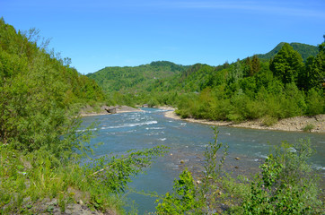 Fototapeta na wymiar mountain river between sheer cliffs . blue clear water of the river.