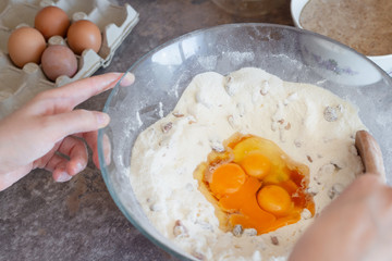 Homemade making dough, egg flour preparation baking