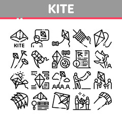 Kite Flying Air Toy Collection Icons Set Vector. Kite Wind Tool In Different Form, Instruction Information List For Construction Concept Linear Pictograms. Monochrome Contour Illustrations