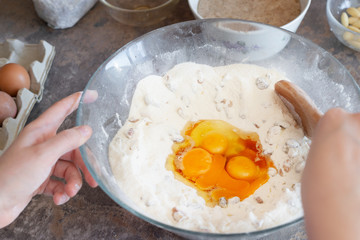 Homemade making dough, egg flour preparation baking