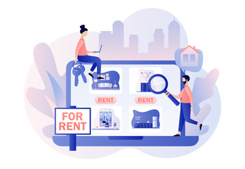 House for rent. Real estate business concept with houses. Tiny real estate agent or broker looking for house in website. Modern flat cartoon style. Vector illustration on white background