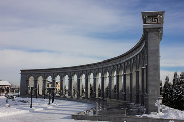 Ingushetia, Nazran - 01/03/2016: colonnade in the winter. Memorial of memory and glory.