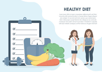 Nutritionist doctor measuring obese female patient waist. Clipboard, weight scale, dumbbell, fruit and vegetable in background. Healthy diet, nutrition consultation and weight loss concept. Copy space