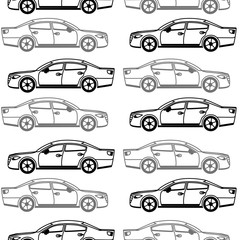 Seamless pattern with colored cars. Fashionable children's print. Raster hand drawn illustration.