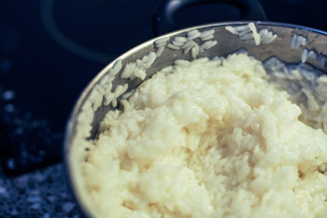 Fresh cooked rice in a pot
