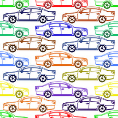 Naklejka premium Seamless pattern with colored cars. Fashionable children's print. Raster hand drawn illustration.