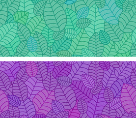 Seamless linear leaves pattern. Horizontal plant color leaf ornament. For labels, packaging or fabric. Chaotically scattered leaves.