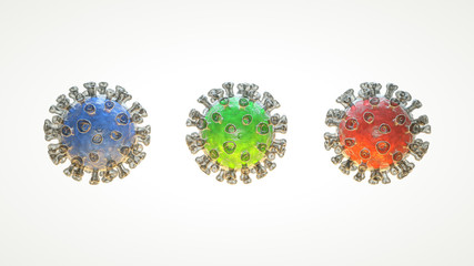 Set of blue, green and red virus in transparent shell isolated on white. 3d rendering.