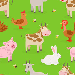 Seamless Pattern of Cute Farm Animals on Green Meadow, Design Element Can Be Used for Fabric, Wallpaper, Website, Background Vector Illustration