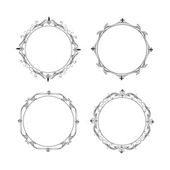 Calligraphic round frames set. Hand drawn vintage borders.  Vector isolated classic wedding invitation card decor.