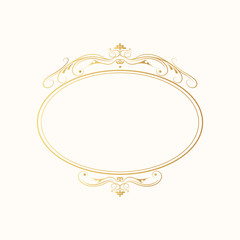 Hand drawn golden oval luxury frame. Classic royal wedding template. Gold filigree round border.  Vector isolated vintage invitation. 