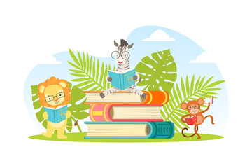 Cute Jungle Animals in Glasses Sitting on Pile of Books, Zebra, Lion and Monkey Characters Reading Books Cartoon Vector Illustration