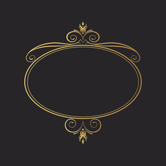 Hand drawn golden vintage oval royal frame. Wedding invitation card template. Luxury gold border.
