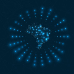 Brazil digital map. Glowing rays radiating from the country. Network connections and telecommunication design. Vector illustration.