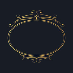 Calligraphic golden oval frame. Hand drawn antique vintage corner border.  Vector isolated classic wedding invitation card gold decor template.
