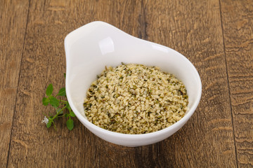 Peeled hemp seeds in the bowl