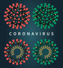 Coronavirus isolated set with colors red and green on dark blue background. Close-up flat vector illustrations of COVID-19 internal and external structure.