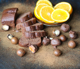 sliced chocolate cake close up