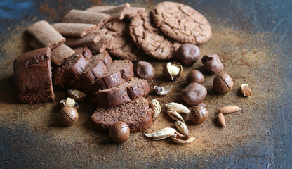 chocolate cake and oatmeal cookies close up