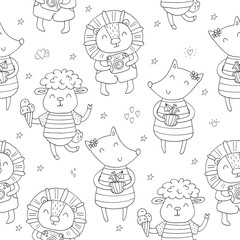 Cute little lion, sheep and fox in cartoon style. Vector pattern