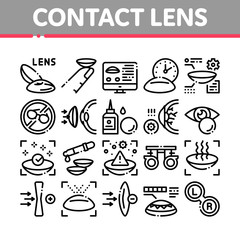 Contact Lens Accessory Collection Icons Set Vector. Contact Lens On Finger, Eyedropper With Liquid, Eye Tool Information On Computer Screen Concept Linear Pictograms. Monochrome Contour Illustrations