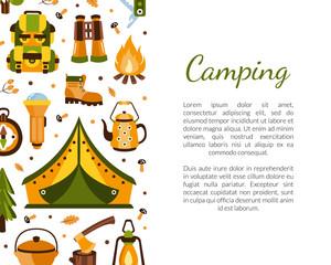 Camping Banner Template with Space for Text, Poster, Brochure, Certificate, Summer Adventures, Mountaineering, Hiking, Trekking on Nature Cartoon Vector Illustration