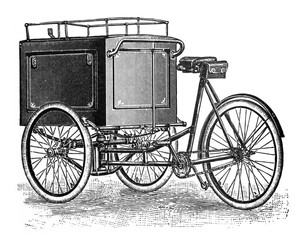 Fototapeta na wymiar Antique motor tricycle like milman or bakery / Antique engraved illustration from Brockhaus Konversations-Lexikon 1908 