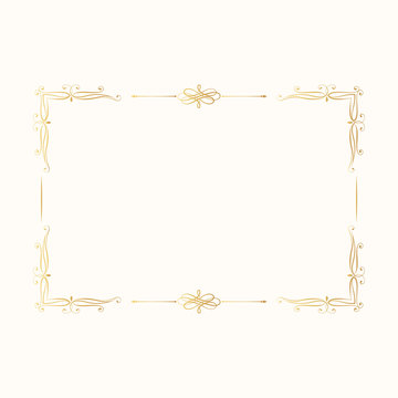 Vintage golden rectangular frame. Vector isolated swirl page ornament. Royal wedding invitation card template. Ornate filigree gold border. 