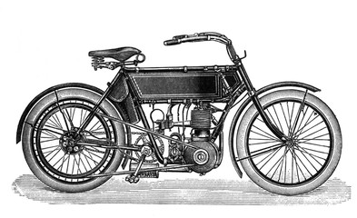 Fototapeta na wymiar Antique 1 cylinder motorcycle / Antique engraved illustration from Brockhaus Konversations-Lexikon 1908 