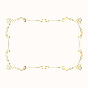 Hand drawn golden rectangular frame. Gold elegant border.  Vector isolated vintage invitation ornament. Classic royal wedding template.