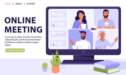 Video conference or online meeting concept. Team of people on computer screen having conversation. Video chat. Vector web page banner illustration.