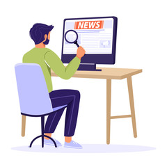 Breaking news concept. Man reading news with a magnifying glass using computer. Vector illustration on white background.