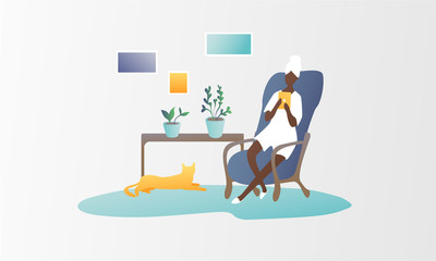 A girl in a bathrobe sits on a sofa and works in tablet. Cozy bright interior cat lies on the carpet. Work at the computer online. Cozy flower. Freelance or study concept. Vector illustration isolated