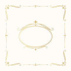 Hand drawn golden vintage royal frame for wedding invitation card. Calligraphic gold border.